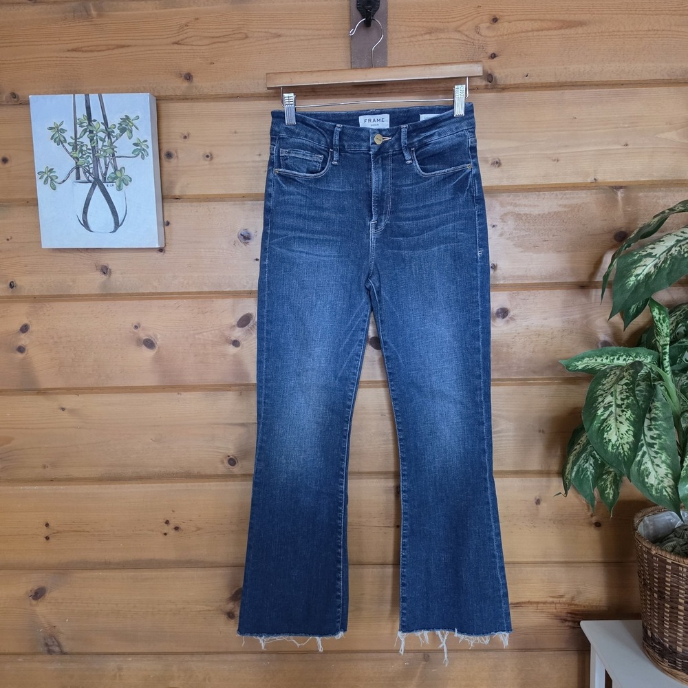 FRAME Le Crop High Mini Boot Jeans LCMB394 Dark Bagmont Stretch Raw Hem Boho 27